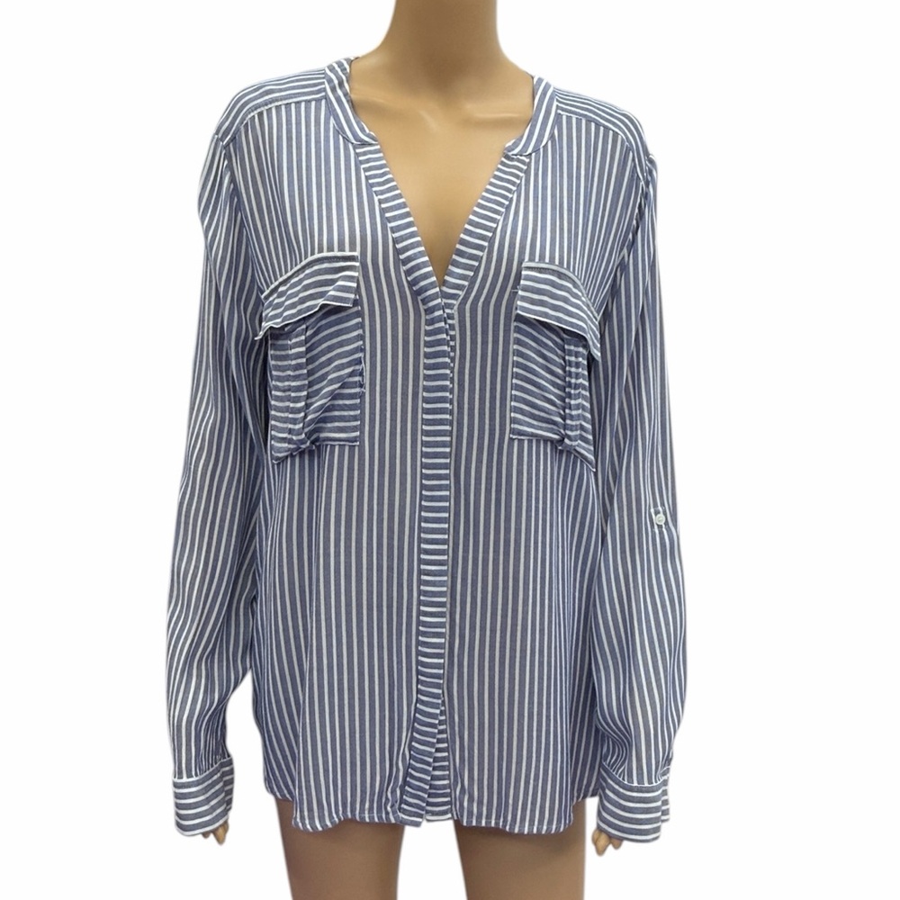 a.n.a Blue and White Striped Button Down Split Neck Shirt Blouse Womens XL